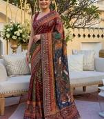 Ethnic Motif Mirror work silk blend saree With Blouse