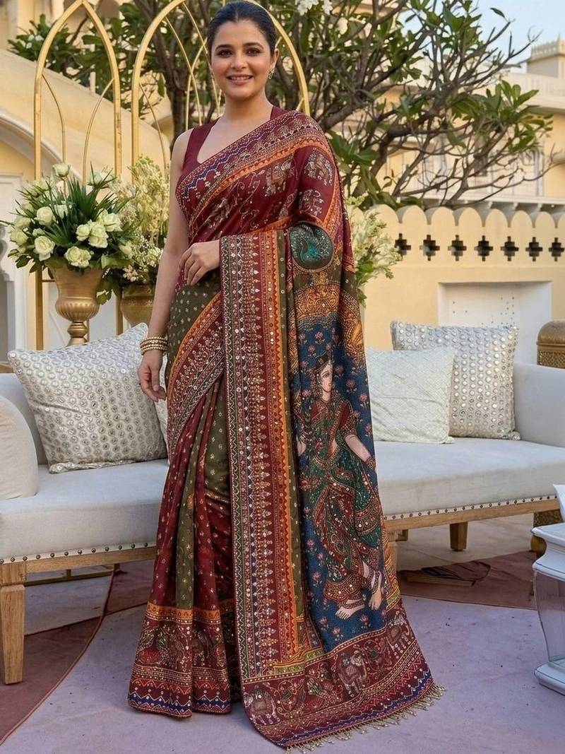 Ethnic Motif Mirror work silk blend saree With Blouse