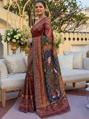 Ethnic Motif Mirror work silk blend saree With Blouse 2