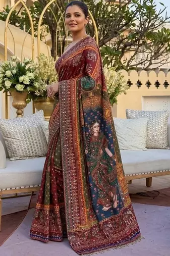 Ethnic Motif Mirror work silk blend saree With Blouse