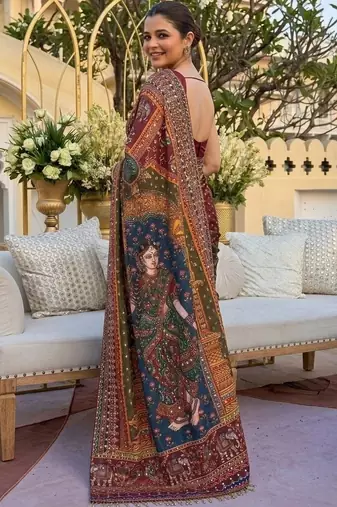 Ethnic Motif Mirror work silk blend saree With Blouse