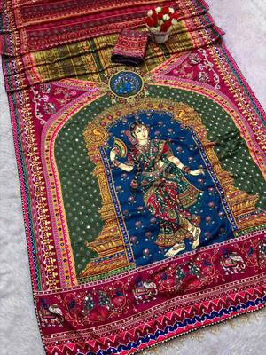 Ethnic Motif Mirror work silk blend saree With Blouse 4