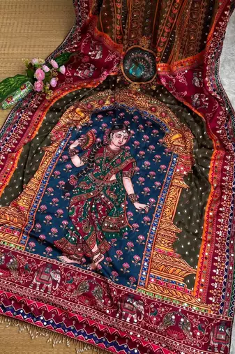 Ethnic Motif Mirror work silk blend saree With Blouse