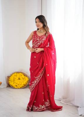 Red Heavy Fendy Silk Blend ready to wear blouse and Saree with Thread & Sequin Embroidery 1