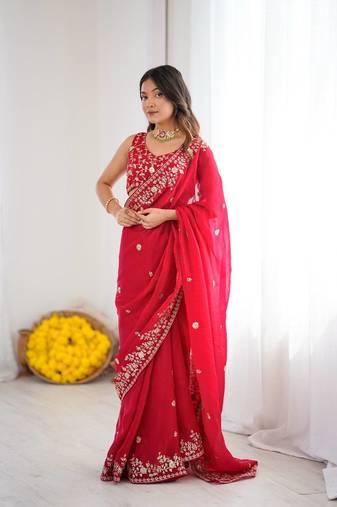 Red Heavy Fendy Silk Blend ready to wear blouse and Saree with Thread & Sequin Embroidery