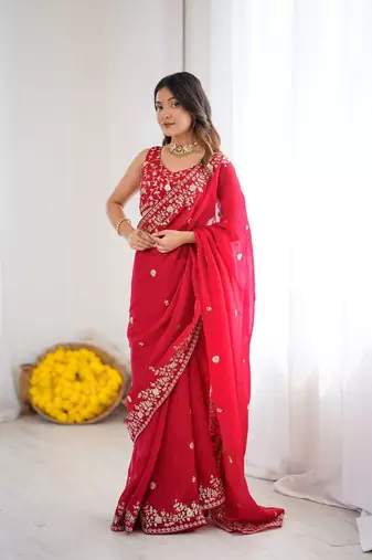 Red Heavy Fendy Silk Blend ready to wear blouse and Saree with Thread & Sequin Embroidery