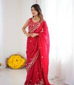 Red Heavy Fendy Silk Blend ready to wear blouse and Saree with Thread & Sequin Embroidery