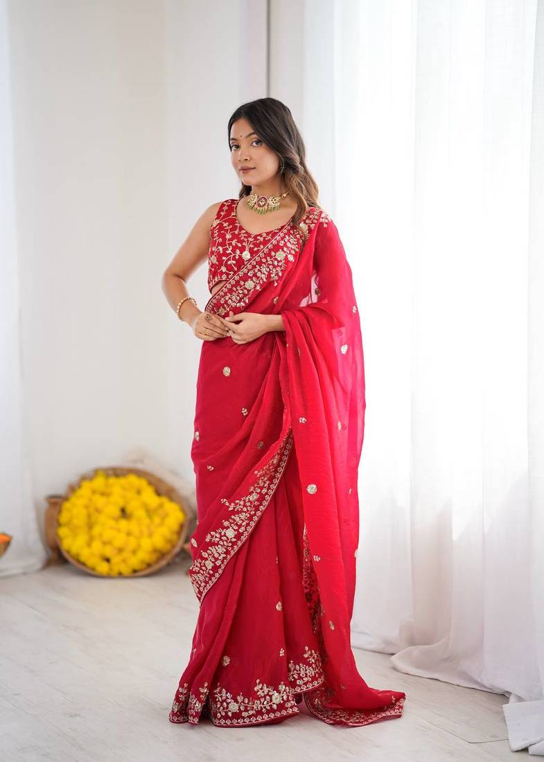 Red Heavy Fendy Silk Blend ready to wear blouse and Saree with Thread & Sequin Embroidery