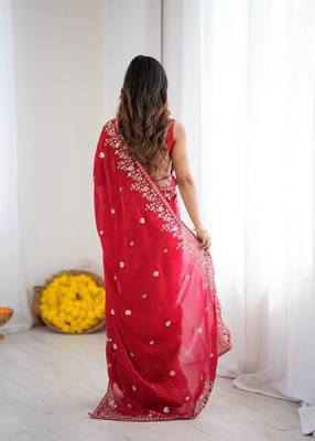 Red Heavy Fendy Silk Blend ready to wear blouse and Saree with Thread & Sequin Embroidery 2