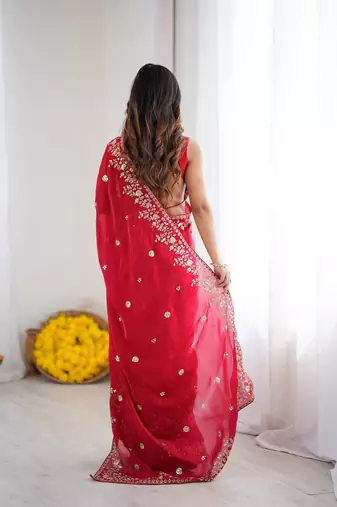 Red Heavy Fendy Silk Blend ready to wear blouse and Saree with Thread & Sequin Embroidery