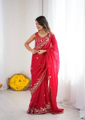 Red Heavy Fendy Silk Blend ready to wear blouse and Saree with Thread & Sequin Embroidery 3