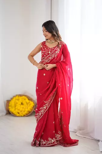 Red Heavy Fendy Silk Blend ready to wear blouse and Saree with Thread & Sequin Embroidery