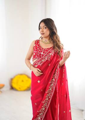Red Heavy Fendy Silk Blend ready to wear blouse and Saree with Thread & Sequin Embroidery 4