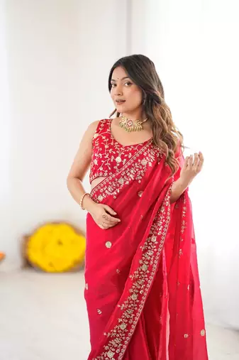 Red Heavy Fendy Silk Blend ready to wear blouse and Saree with Thread & Sequin Embroidery