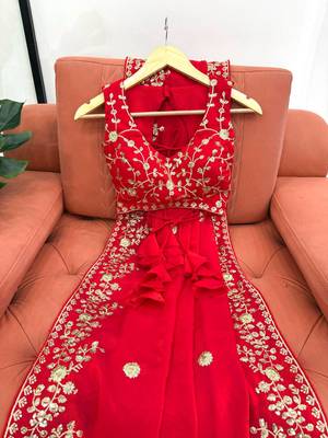 Red Heavy Fendy Silk Blend ready to wear blouse and Saree with Thread & Sequin Embroidery 5