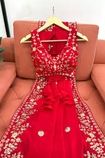 Red Heavy Fendy Silk Blend ready to wear blouse and Saree with Thread & Sequin Embroidery