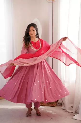 Lilac Purple Roman Silk Anarkali Gown with Real Sequence Work & Kota Dupatta 
