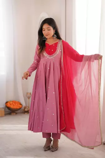 Lilac Purple Roman Silk Anarkali Gown with Real Sequence Work & Kota Dupatta 