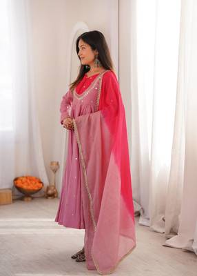 Lilac Purple Roman Silk Anarkali Gown with Real Sequence Work & Kota Dupatta  4