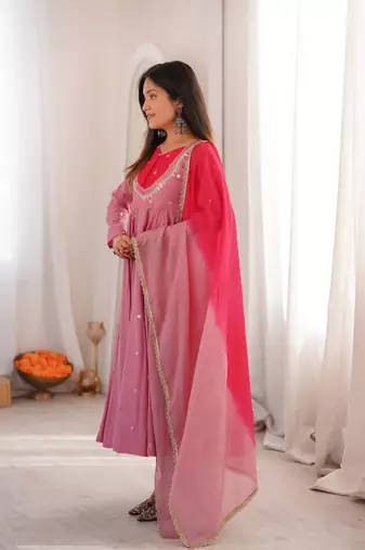 Lilac Purple Roman Silk Anarkali Gown with Real Sequence Work & Kota Dupatta 