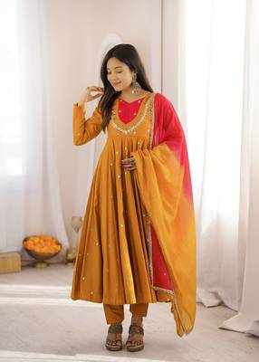 Mustard Yellow Roman Silk Anarkali Gown with Real Sequence Work & Kota Dupatta - ZF-5023 1