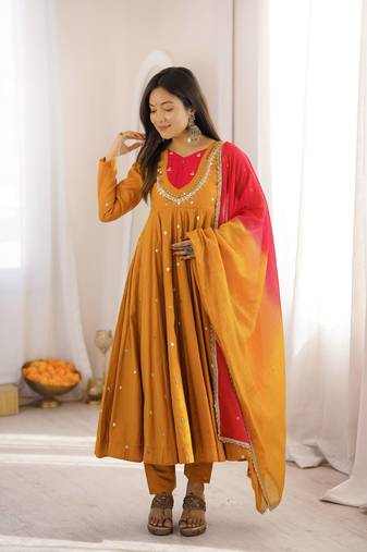Mustard Yellow Roman Silk Anarkali Gown with Real Sequence Work & Kota Dupatta - ZF-5023
