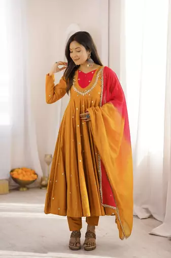 Mustard Yellow Roman Silk Anarkali Gown with Real Sequence Work & Kota Dupatta - ZF-5023