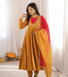 Mustard Yellow Roman Silk Anarkali Gown with Real Sequence Work & Kota Dupatta - ZF-5023
