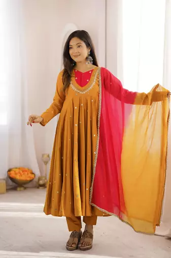 Mustard Yellow Roman Silk Anarkali Gown with Real Sequence Work & Kota Dupatta - ZF-5023