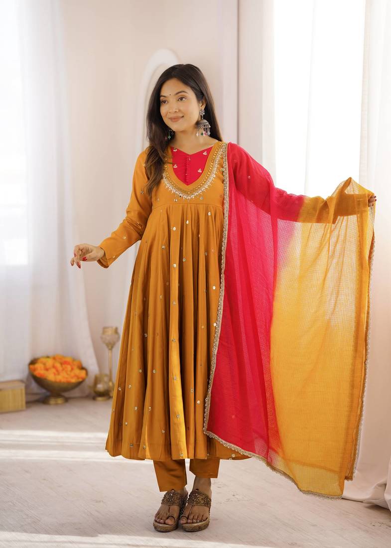Mustard Yellow Roman Silk Anarkali Gown with Real Sequence Work & Kota Dupatta - ZF-5023