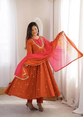 Rust Orange Roman Silk Anarkali Gown with Real Sequence Work & Kota Dupatta  1