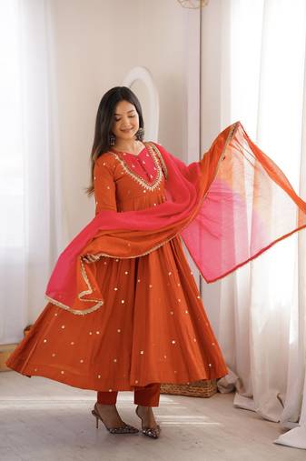 Rust Orange Roman Silk Anarkali Gown with Real Sequence Work & Kota Dupatta 