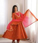 Rust Orange Roman Silk Anarkali Gown with Real Sequence Work & Kota Dupatta 