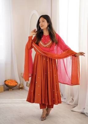 Rust Orange Roman Silk Anarkali Gown with Real Sequence Work & Kota Dupatta  4