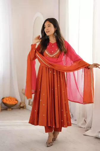 Rust Orange Roman Silk Anarkali Gown with Real Sequence Work & Kota Dupatta 