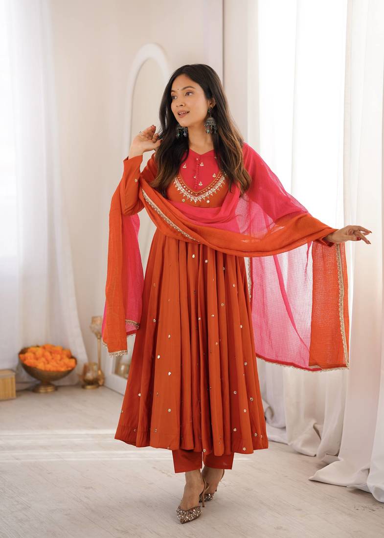 Rust Orange Roman Silk Anarkali Gown with Real Sequence Work & Kota Dupatta 
