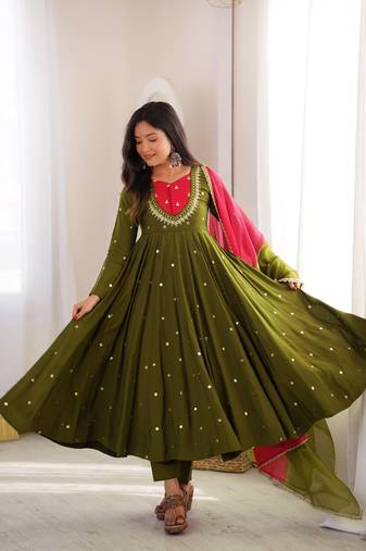 Olive Green Roman Silk Anarkali Gown with Real Sequence Work & Kota Dupatta 