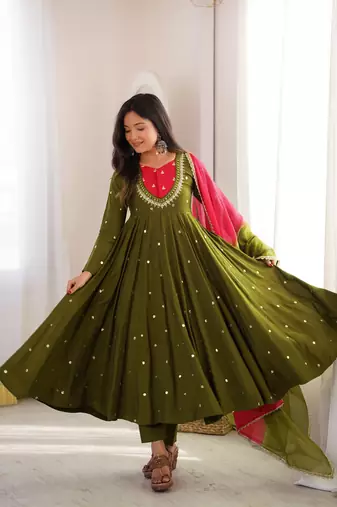 Olive Green Roman Silk Anarkali Gown with Real Sequence Work & Kota Dupatta 