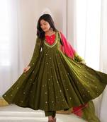 Olive Green Roman Silk Anarkali Gown with Real Sequence Work & Kota Dupatta 