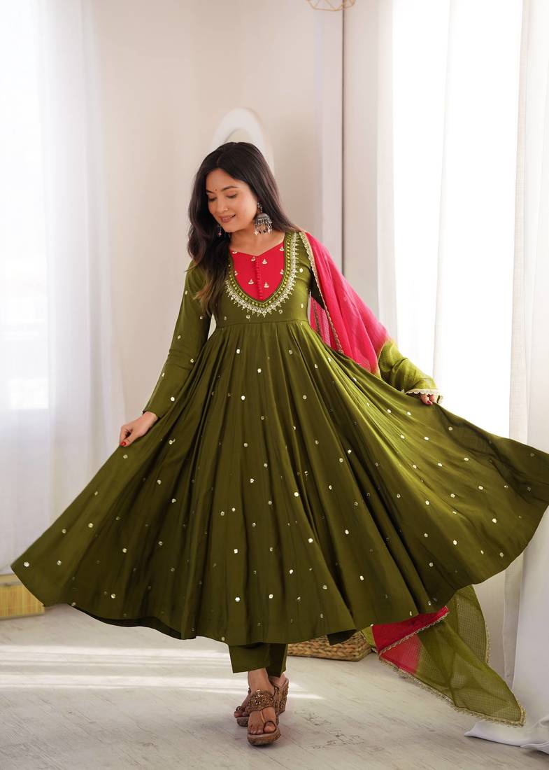 Olive Green Roman Silk Anarkali Gown with Real Sequence Work & Kota Dupatta 