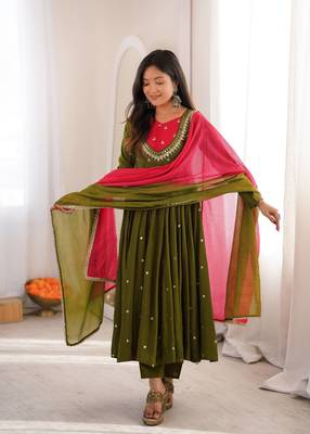 Olive Green Roman Silk Anarkali Gown with Real Sequence Work & Kota Dupatta  3