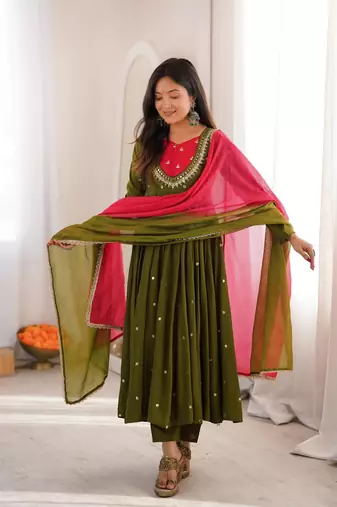 Olive Green Roman Silk Anarkali Gown with Real Sequence Work & Kota Dupatta 