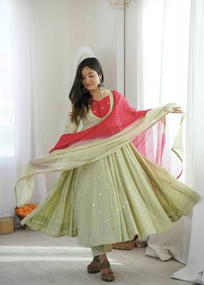 Pista Green Roman Silk Anarkali Gown with Real Sequence Work & Kota Dupatta  1