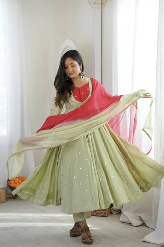 Pista Green Roman Silk Anarkali Gown with Real Sequence Work & Kota Dupatta 