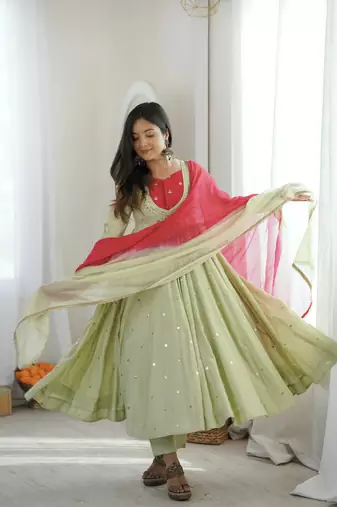 Pista Green Roman Silk Anarkali Gown with Real Sequence Work & Kota Dupatta 