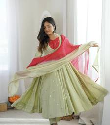 Pista Green Roman Silk Anarkali Gown with Real Sequence Work & Kota Dupatta 
