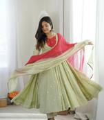 Pista Green Roman Silk Anarkali Gown with Real Sequence Work & Kota Dupatta 