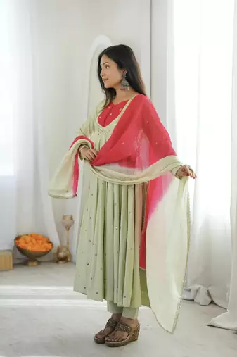 Pista Green Roman Silk Anarkali Gown with Real Sequence Work & Kota Dupatta 