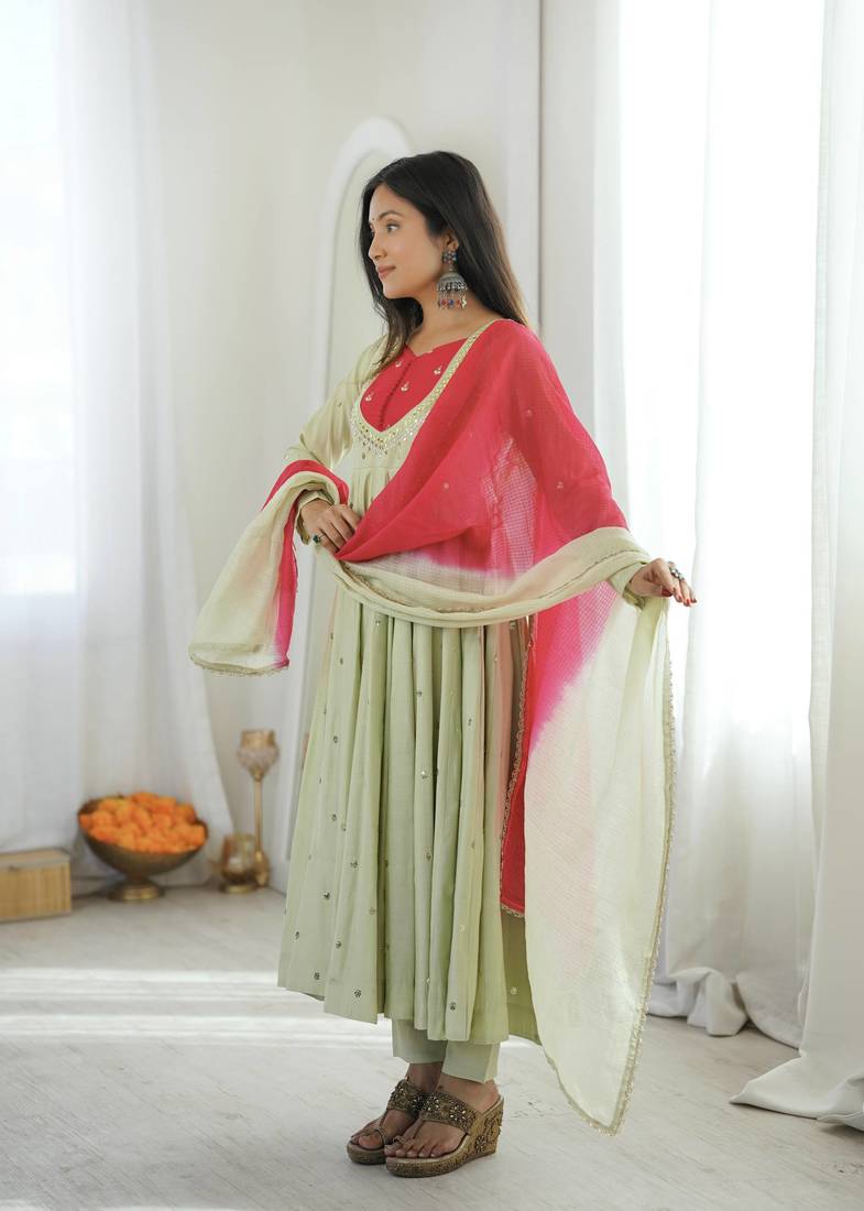 Pista Green Roman Silk Anarkali Gown with Real Sequence Work & Kota Dupatta 