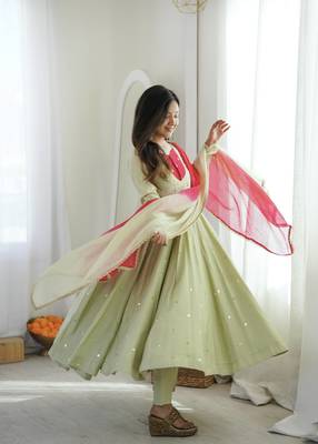 Pista Green Roman Silk Anarkali Gown with Real Sequence Work & Kota Dupatta  4